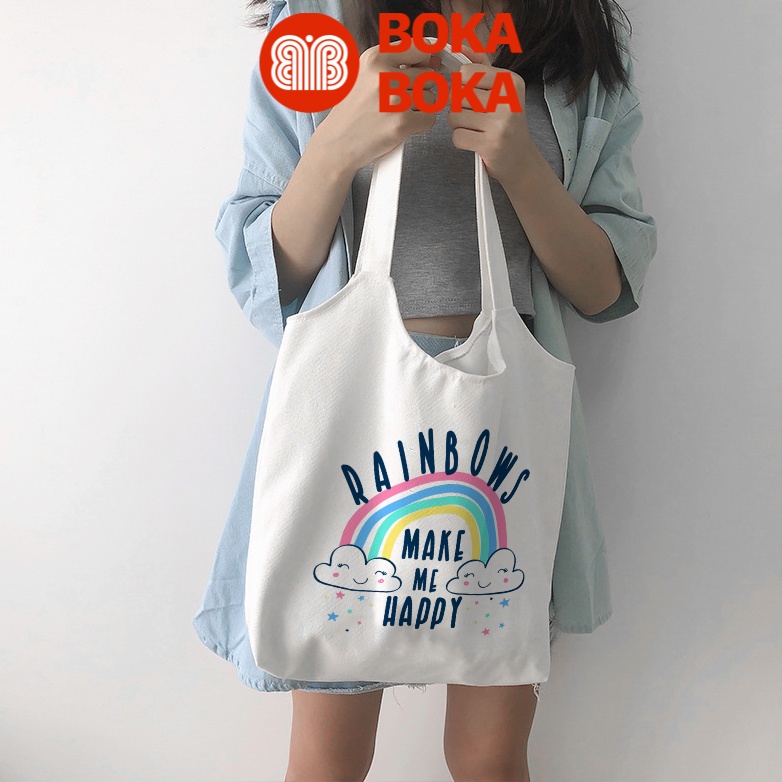 Túi Tote Vải Canvas Đeo Vai In Hình Rainbows Make My Happy Có Khóa