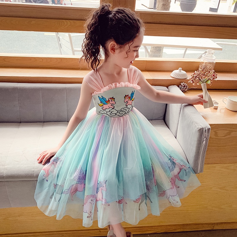 Đầm công chúa Luckycandy 2 dây vải chiffon in hình ngựa con cầu vồng kiểu mùa hè cho bé gái