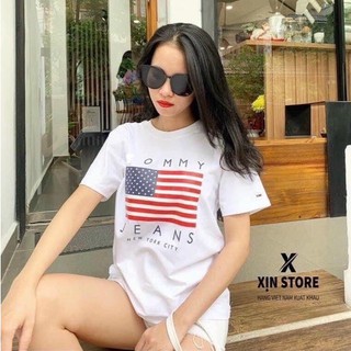 Áo Thun Cotton Giấy In Chữ ToMy Lá Cờ Tay Ngắn Cổ Tròn Freesize