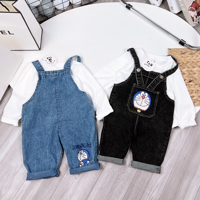 Bộ yếm Doremon dễ thương cho bé yêu - Set quần yếm đùi và áo kẻ ngang tay bèo cho bé từ 7 - 18 kg, SUN KID'S