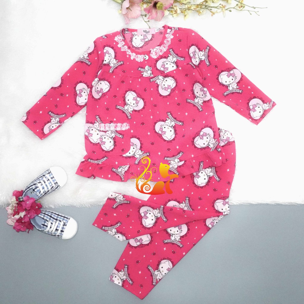 Đồ Pijama Satin Lụa Hàn &quot;Kít ti mèo Cổ Ren Quần Dài Cho Bé - Từ 12kg - 42kg.