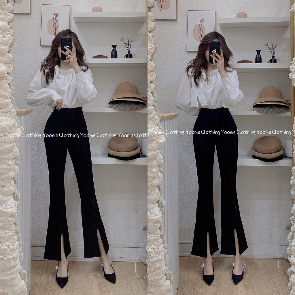 Quần loe vải xẻ gấu cạp cao chất tuyết mưa dày dặn không nhăn size to S-XL cho nữ YoomeClothing ( ảnh thật tại shop )