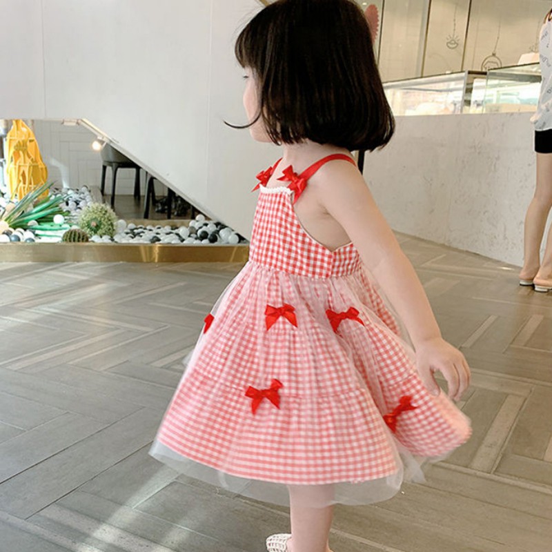 Đầm Công Chúa Sọc Caro Thắt Nơ Cho Bé Gái