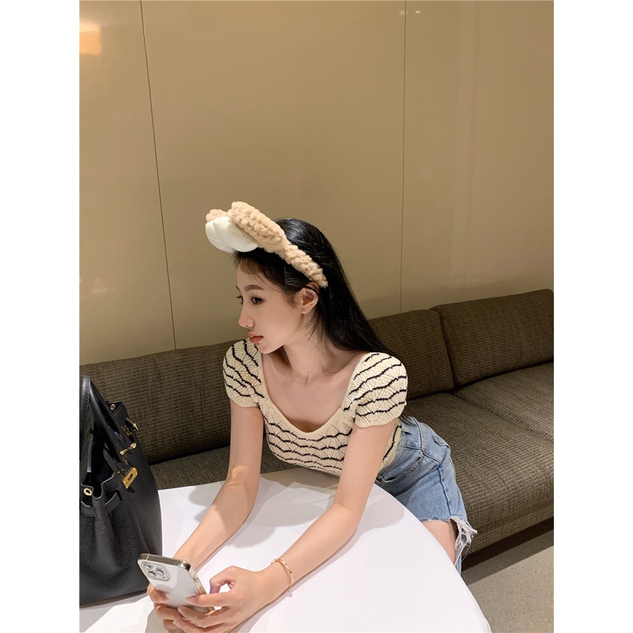 Cocory vn Áo Thun Dệt Kim Ngắn Tay Cổ Vuông Họa Tiết Kẻ Sọc Form Ôm Thời Trang Mùa Hè