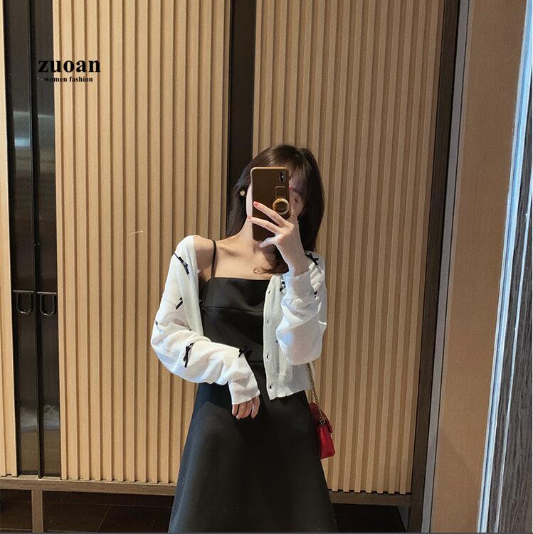 SUXI Áo Dệt Kim Nữ Tay Dài Cổ Chữ V Phối Nơ