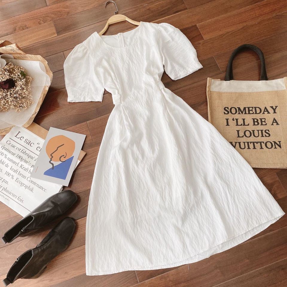 [Mã SKAMA06 giảm 8% tối đa 50K đơn 250K] ĐẦM TRẮNG MIDI CỔ TRÒN VINTAGE | BigBuy360 - bigbuy360.vn