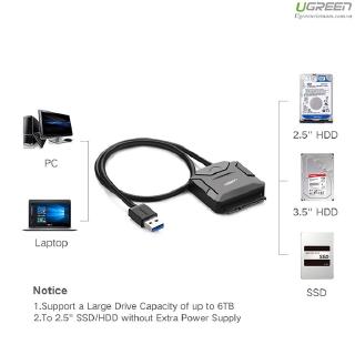 Dây đọc ổ cứng Cổng Sata III ra Usb 3.0 Driver Adapter Suport Uasp and ideal for Ssd - Hhd Ugreen 20611