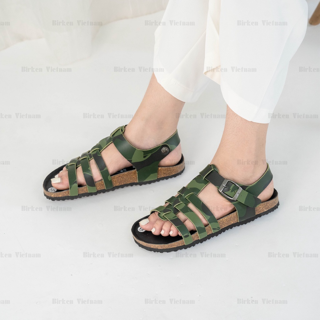 Mã R12 Sandal ĐẾ TRẤU Da PU Camo Rằn Ri Quai Chiến Binh Unisex Birken Vietnam Bioline