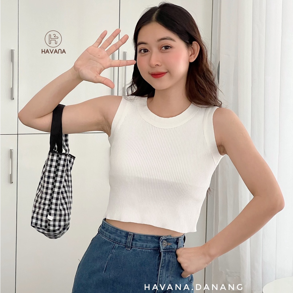 Áo tanktop ba lỗ len gân, áo croptop cổ tròn freesize co giãn AE208