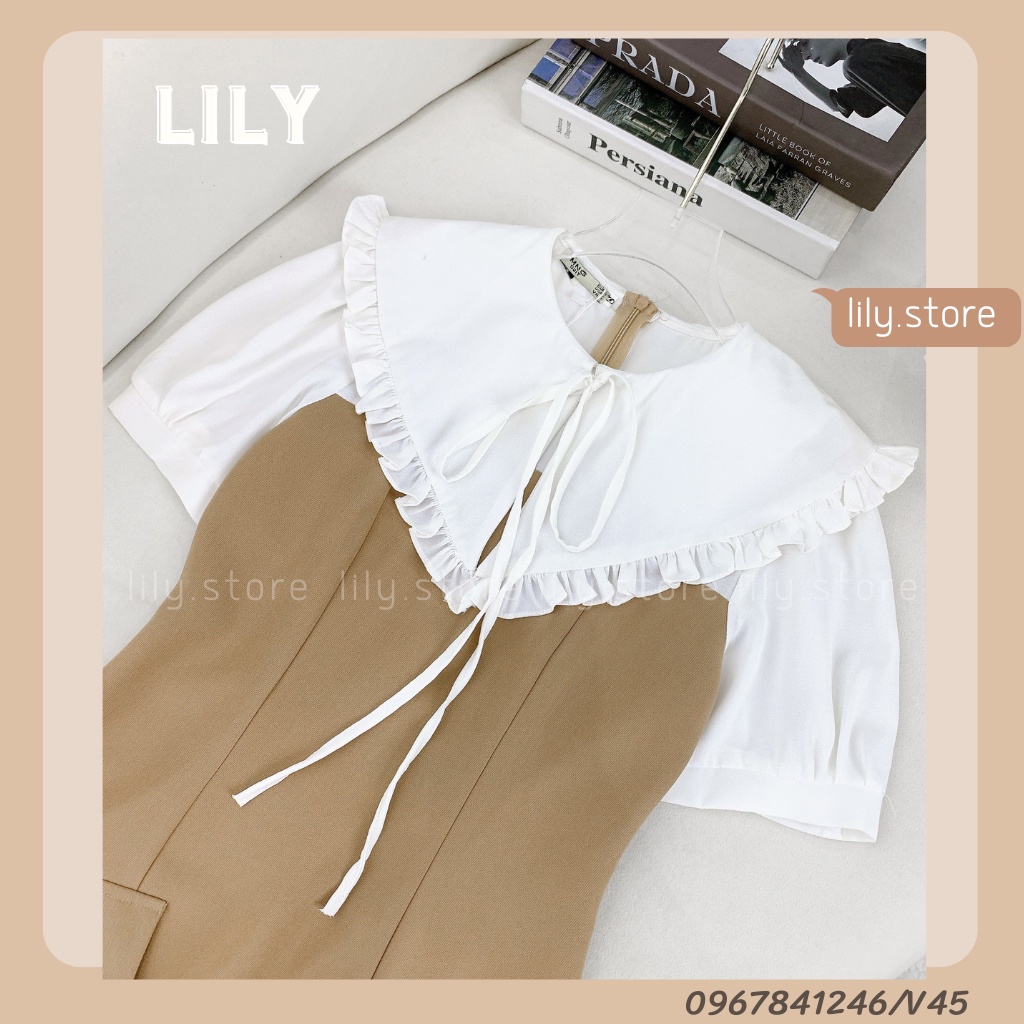 Váy nữ phối cổ tay trắng tiểu thư, Đầm nữ thiết kế phối cổ bèo buộc nơ đủ 3 màu đen, xanh, be size S,M,L V45 LILY