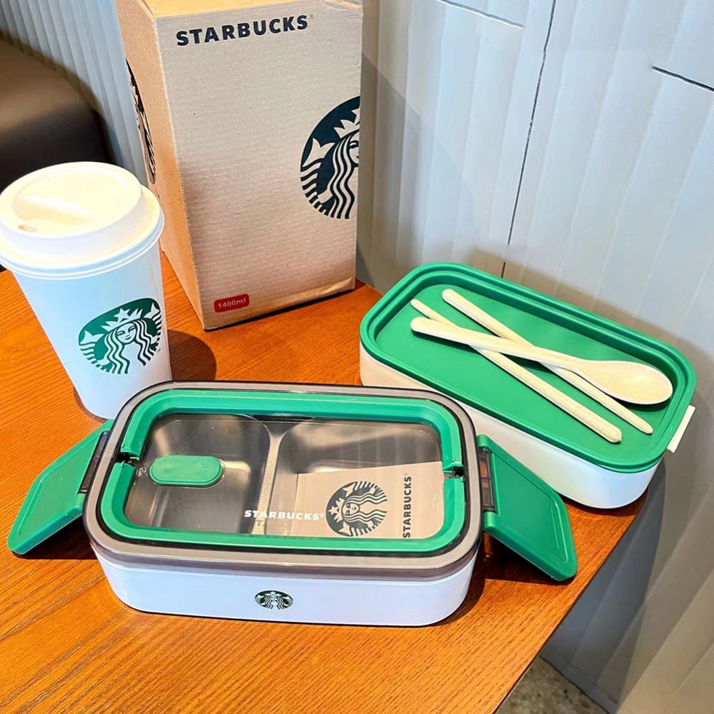 Hộp đựng cơm trưa Starbucks hai tầng cách nhiệt bằng inox 304 kèm đũa và muỗng tiện dụng