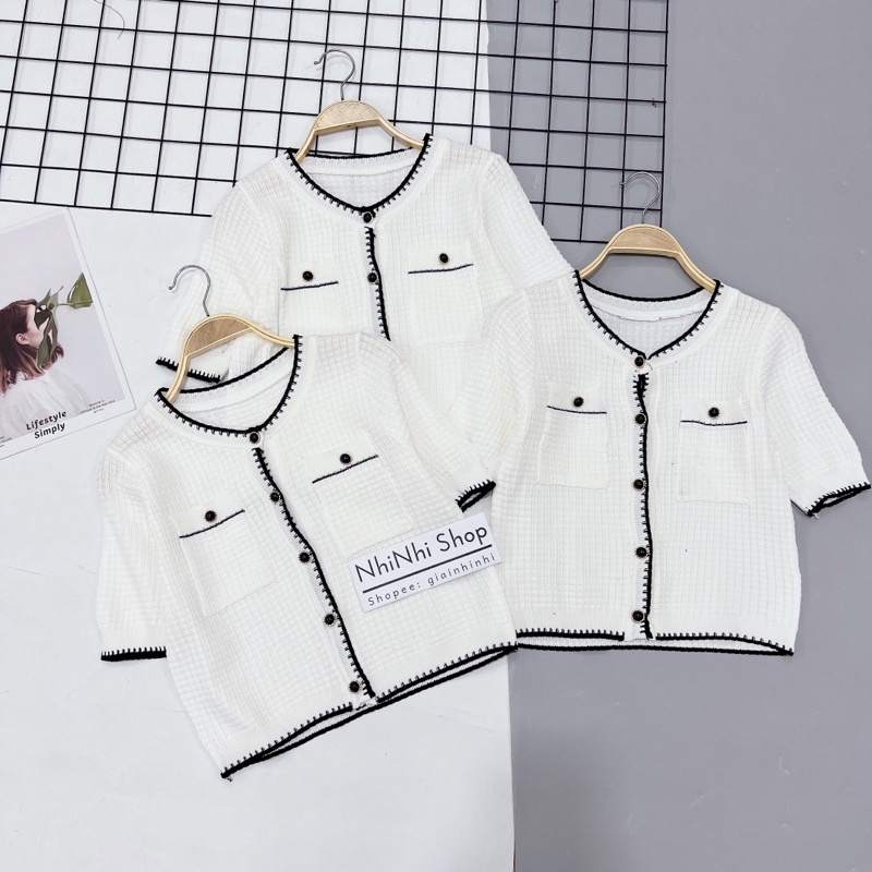 Áo len trắng viền đen siêu đẹp, Áo kiểu ngắn tay cổ tròn AL7801 - NhiNhi Shop