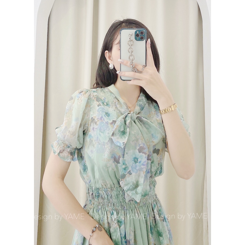 Váy đầm hoa nữ ngắn tay dáng dài cổ nơ dài chun eo Monocle xanh lá YAME