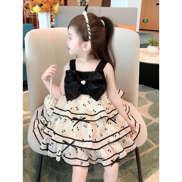 Đầm Công Chúa Hai Dây Đính Nơ Phong Cách Lolita Cho Bé Gái