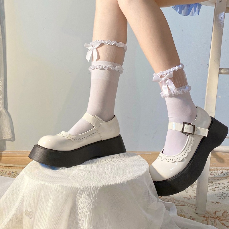 Đôi vớ bằng nylon co giãn phối ren đính nơ phong cách lolita dễ thương dành cho nữ