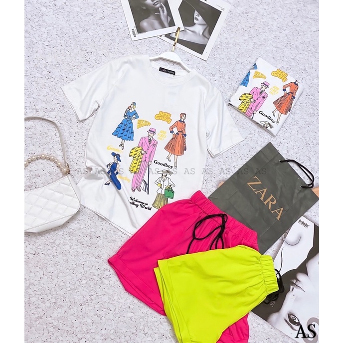 Set bộ áo phông trắng suông hoạt hình mix quần sooc cạp chun siêu xinh L1 | BigBuy360 - bigbuy360.vn