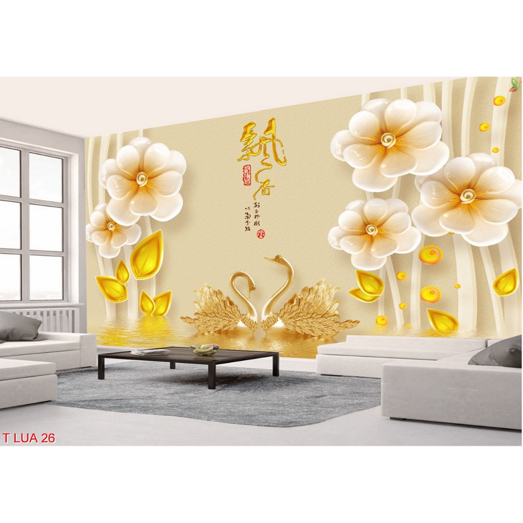 Tranh dán tường 3D trang trí phòng khách các mẫu hoa lụa