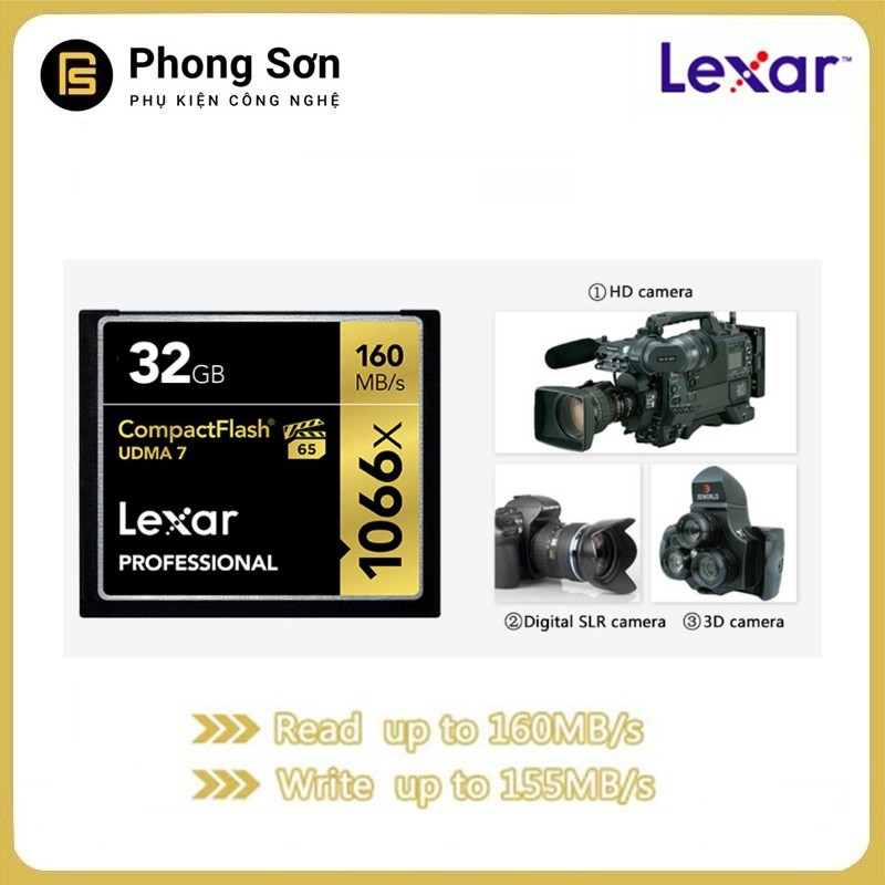 Thẻ nhớ CF Lexar 32GB Pro 1066X 160MB/s - Cho máy ảnh chuyên nghiệp, tốc độ cao (Đen, Vàng)