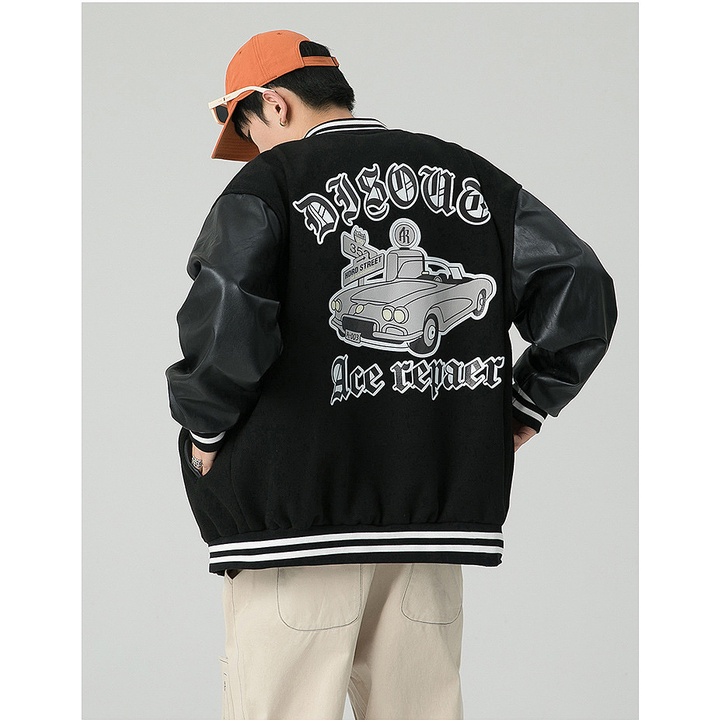 Áo Khoác Bomber Varsity Jacket BOM HOUSE Nam Nữ Chất Liệu Kaki Phối Tay Da Áo 2 Lớp Logo In