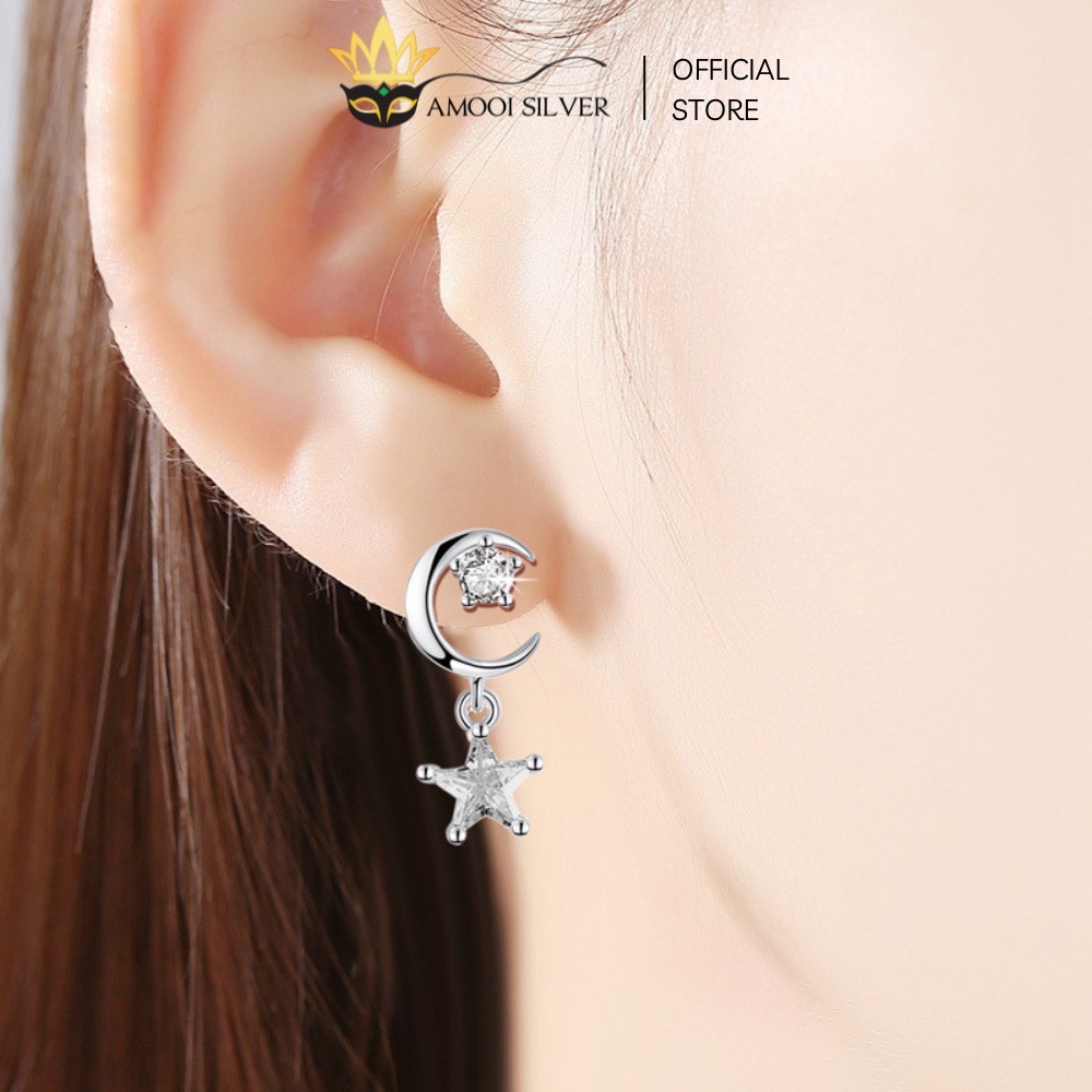 Bông Tai Bạc S925 Thiết Kế Hình Trăng Sao Bất Đối Xứng - Amooi Silver AB58