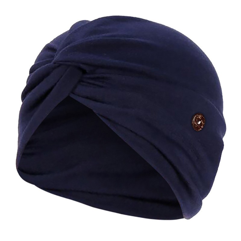 New Stock Muslim Turban Caps for Women Fashion Button Linen Navy Blue