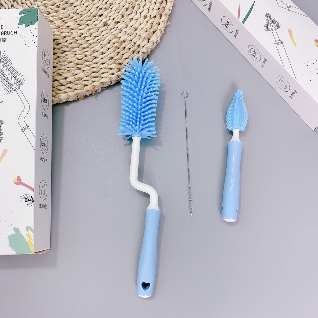 Cọ rửa bình sữa Silicon cao cấp tay cầm xoay 360 độ gồm 3 chi tiết dùng cho mọi loại bình