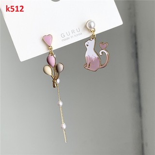 Khuyên tai nữ mạ bạc 925 bất đối xứng Mèo và bóng bay CUTE k512 Mayconner