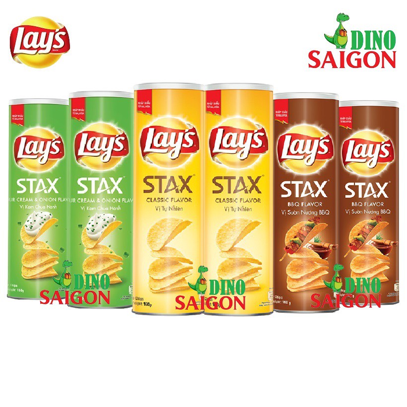 Combo 6 Hộp Bánh Snack Khoai Tây Lay's Stax Malaysia 160g gồm 2 vị Tự Nhiên, 2 vị Sườn BBQ và 2 vị Kem Chua Hành