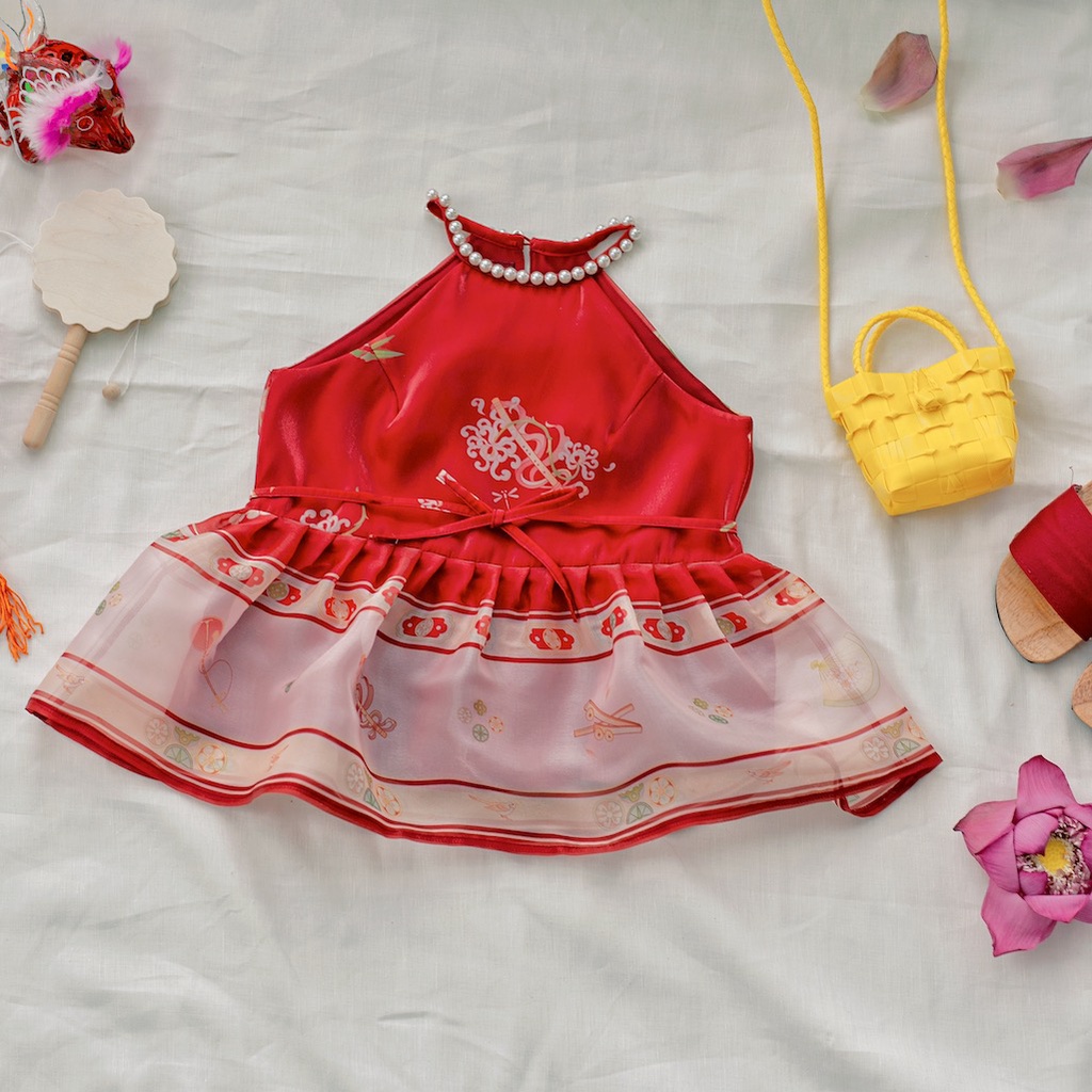 Sumire Store SET Áo yếm xòe organza Hoa Niên Ca BÉ - Đỏ