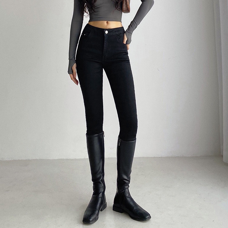 Quần jean nữ lưng cao co giãn có túi CHERRY, quần bò cạp cao bigsize skinny jeans dáng ôm trơn dài T022