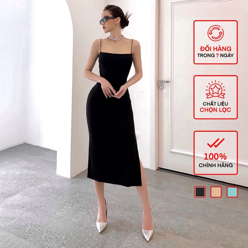 Váy Hai Dây Dài BUSY Thun Dẻo Hai Lớp Co Giãn Xẻ Vạt VHDD