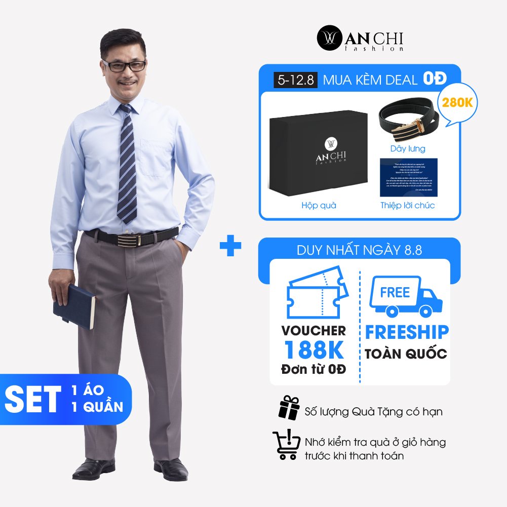Combo Áo Sơ Mi Nam Dài Tay Xanh Nhạt Và Quần Âu Ghi Đậm Trung Niên ANCHI Cao Cấp B4QAACW