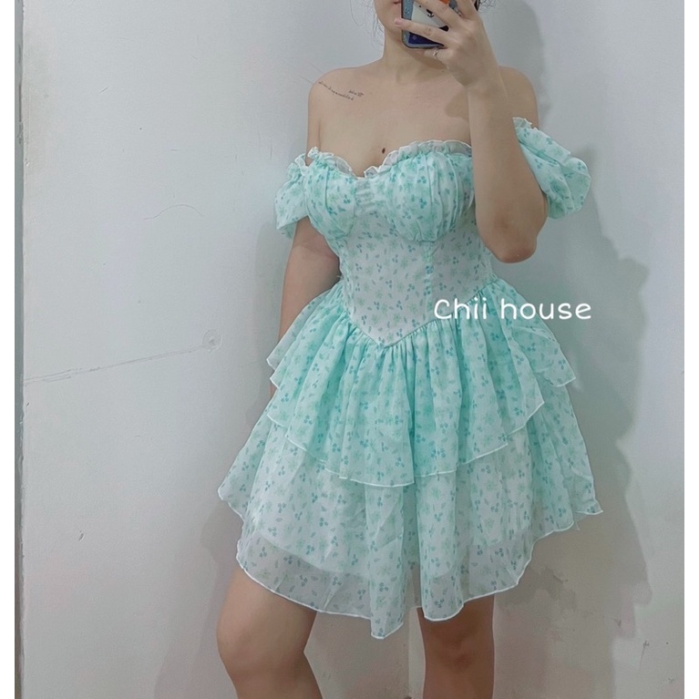 ĐẦM HOA XANH MINT CÚP NGỰC LAI TẦNG