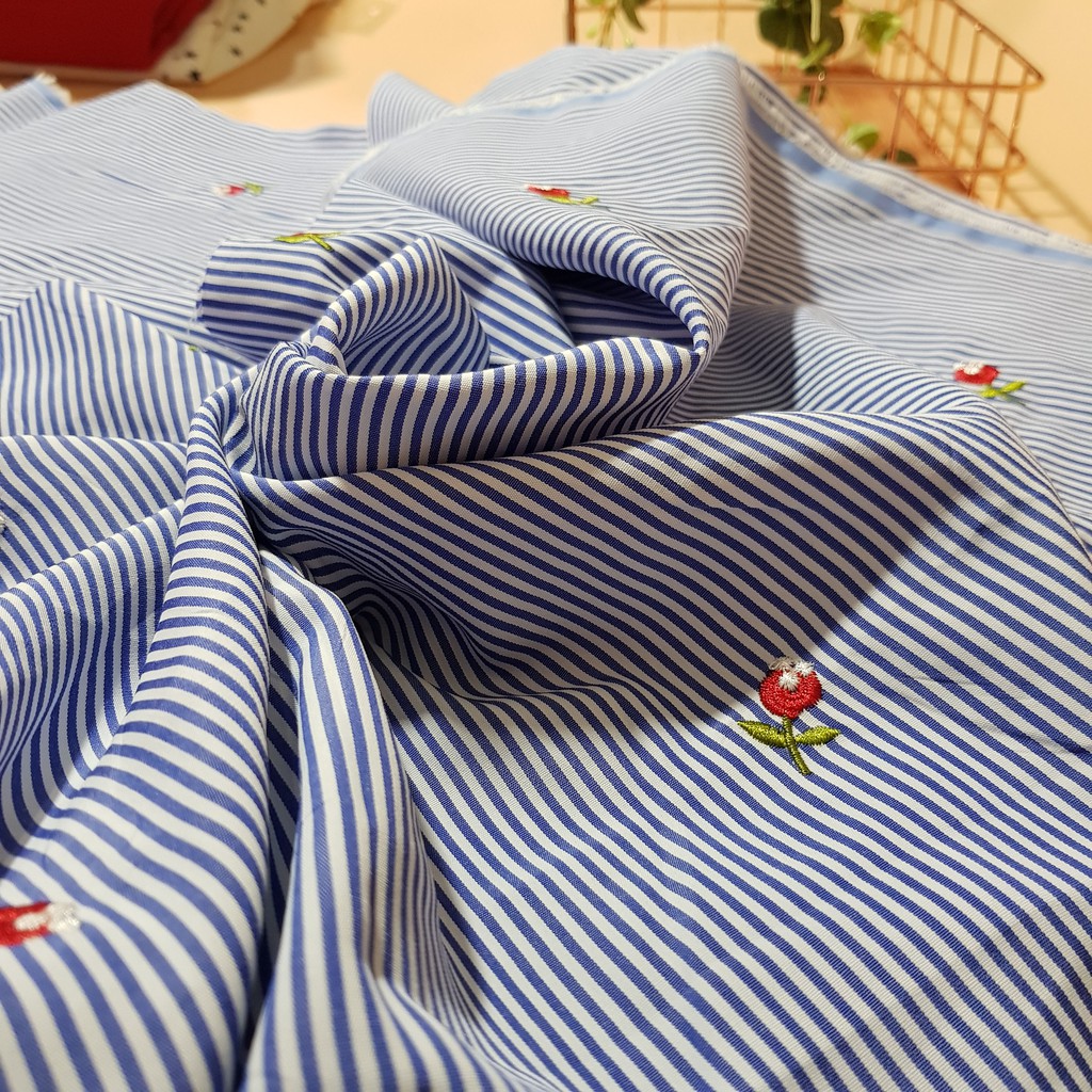 Vải kẻ xanh thêu hoa vải may áo sơ mi chất đẹp mềm mát 100x150cm, Maihoaflower