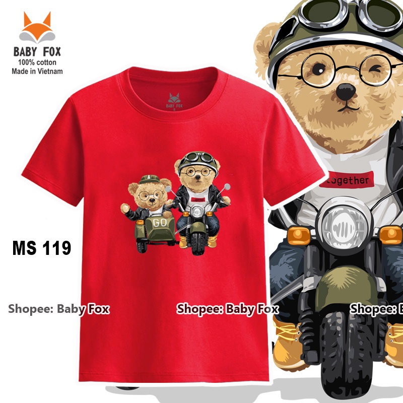 Áo thun bé trai 100% cotton loại tốt, áo phông thương hiệu BABY FOX, in hình gấu, size nhỏ, trung, đại  a