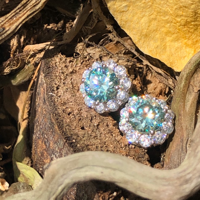 Moissanite bông tai Moissanite: chủ 5 ly Moissanite xanh CÓ KIỂM ĐỊNH, tấm Moissanite; Bạc mạ bạch kim CỰC RỰC LỬA