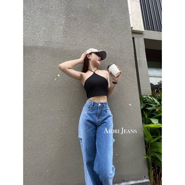 Quần Jean Ống Rộng AIORI Lưng Cao Loang Màu Rách Hông_A048
