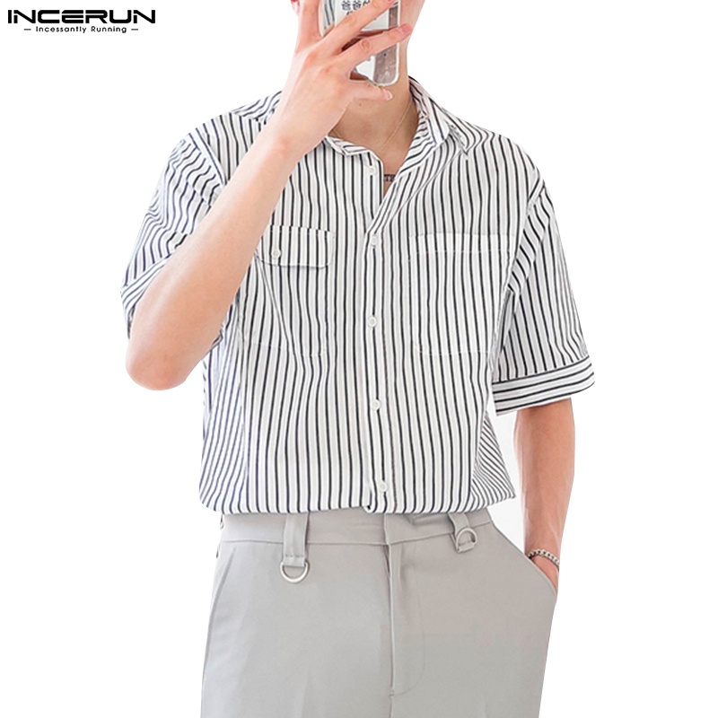 Áo sơ mi INCERUN ngắn tay họa tiết kẻ sọc thời trang mùa hè cho nam