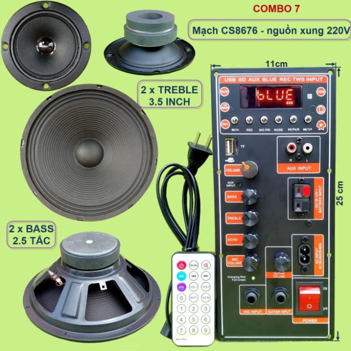 Mạch loa kéo 2.5 tấc đôi CS8676 60W – 120W có nguồn xung 220V kèm Micro đơn hoặc Micro đôi – Bluetooth Karaoke Guitar đi