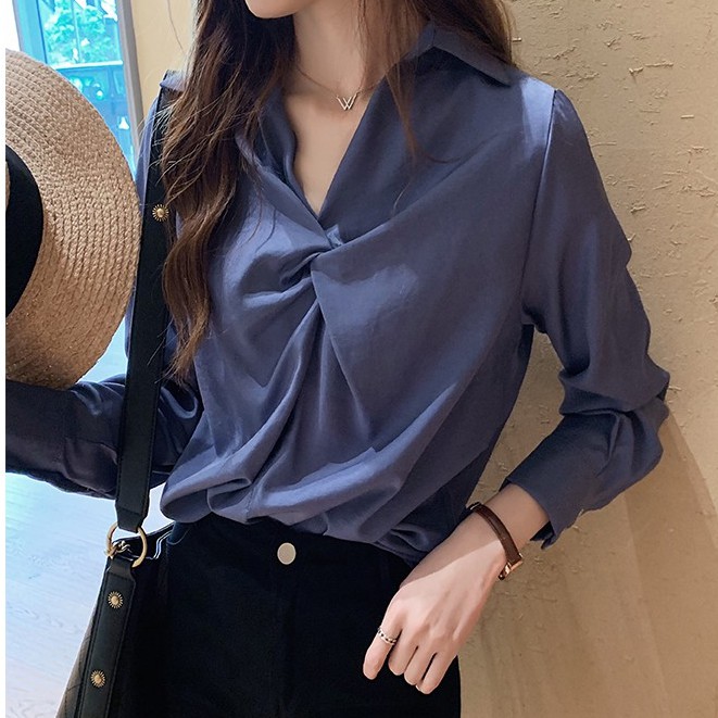 Xiaozhainv Áo kiểu nữ tay dài dáng rộng màu trơn hợp thời trang | BigBuy360 - bigbuy360.vn