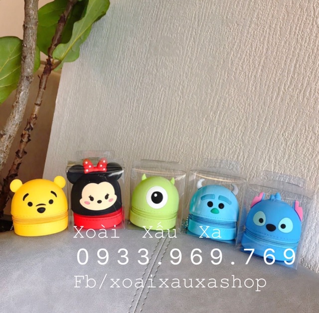 Móc khoá ví tiền dây kéo silicone nhỏ gọn hoạt hình gấu thỏ, Stitch, Sulley, Mike...