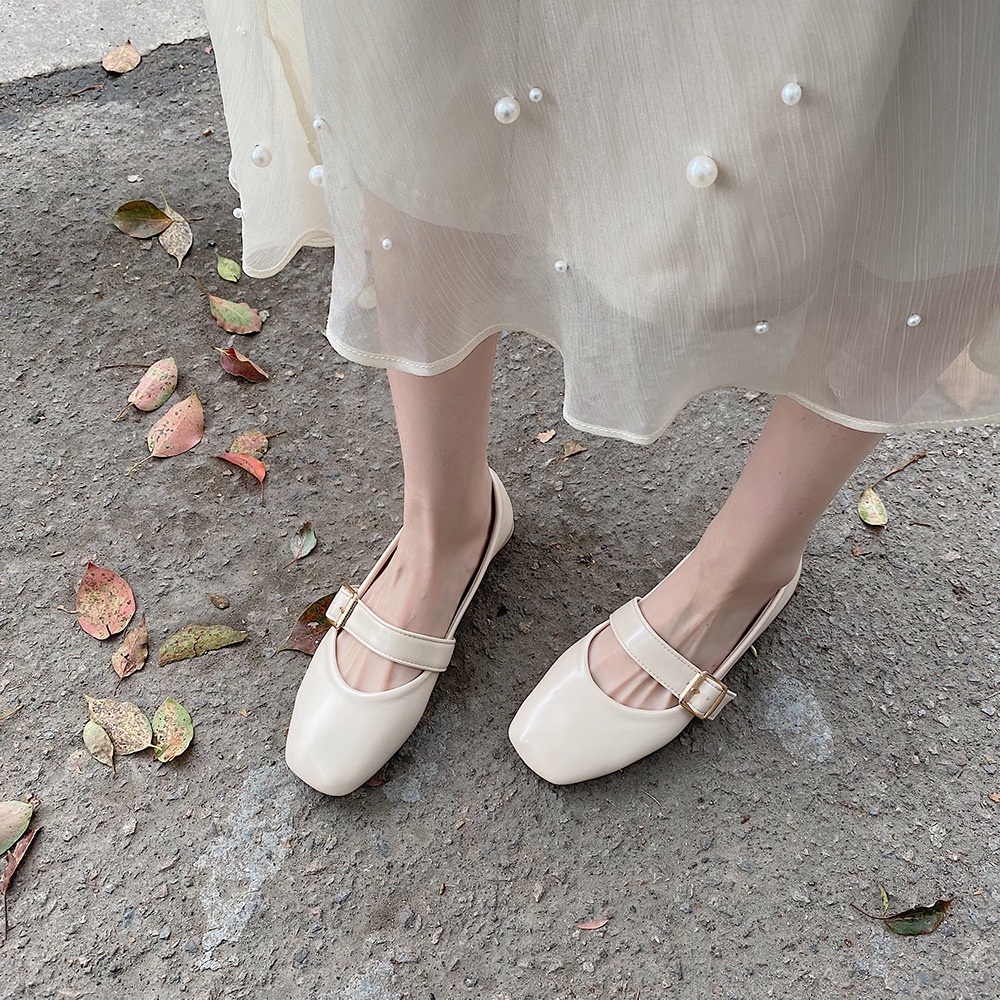 Giày búp bê da mềm nữ gót giả vân gỗ mũi vuông khóa vuông phong cách Hàn Quốc vintage xinh xắn - Mã GB44