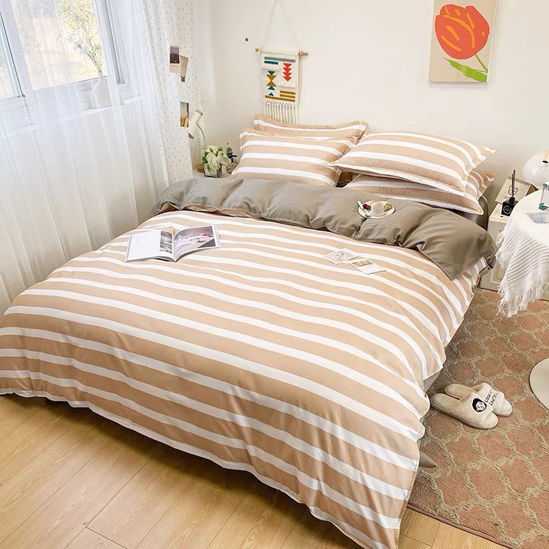 Bộ chăn ga gối cotton poly Lidaco decor phòng ngủ vintage - Kẻ ngang be (SP001477)