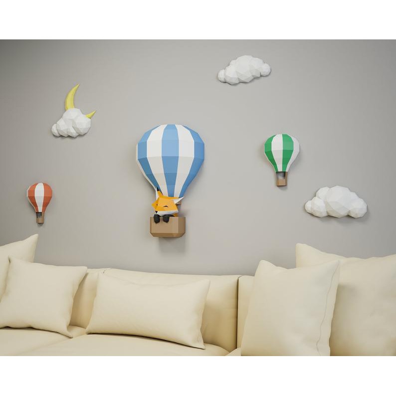 Bộ kit Mô hình giấy 3D Cáo khí cầu kèm trăng sao trang trí nhà cửa, shop thời trang