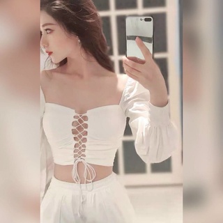 [ẢNH THẬT] Áo Croptop Đan Dây Tay Dài Daisy (TRẮNG)