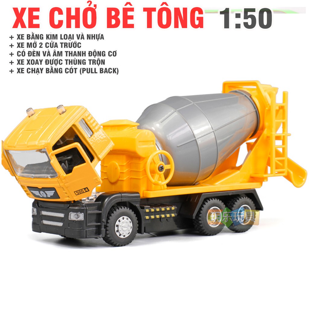 Xe trộn bê tông đồ chơi trẻ em có đèn và âm thanh động cơ tỉ lệ 1:50 cabin bằng sắt xe chạy cót