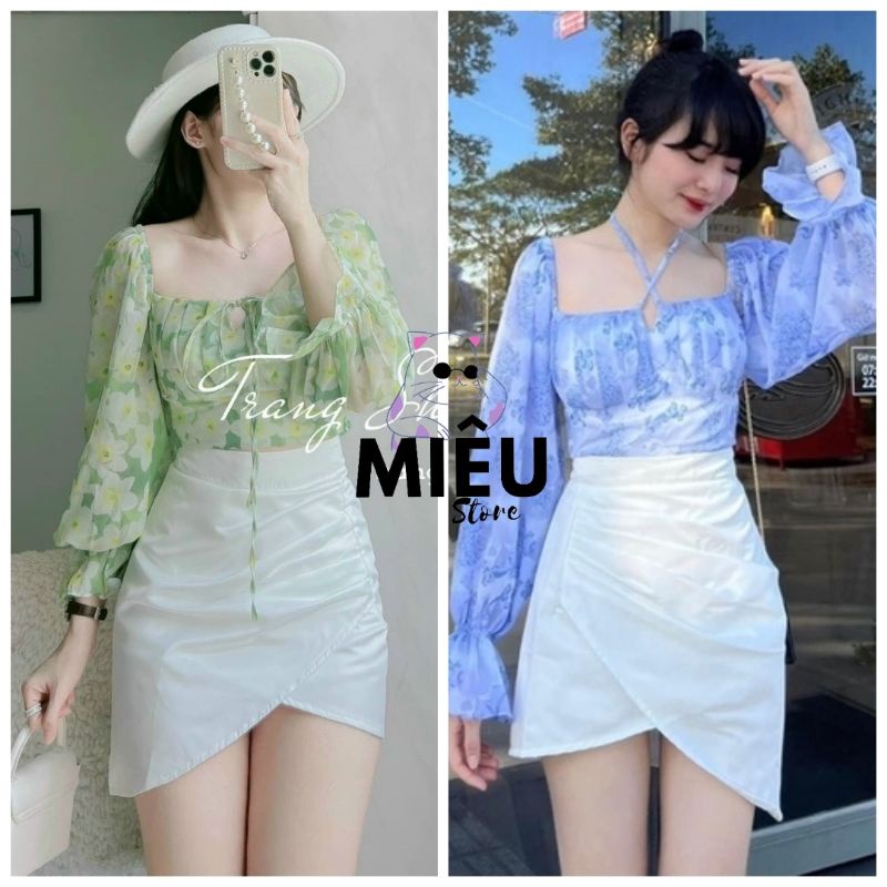 Set Áo Voan Hoa Xanh Trễ Vai Tay Loe và Chân Váy Trắng Xếp Vạt mieu.store