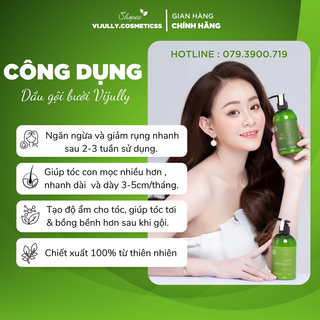 Dầu gội bưởi Vijully chính hãng ngăn rụng tóc hiệu quả sau 2-3 tuần sử dụng, giúp tóc mọc nhanh dài và dày , tặng kèm qu