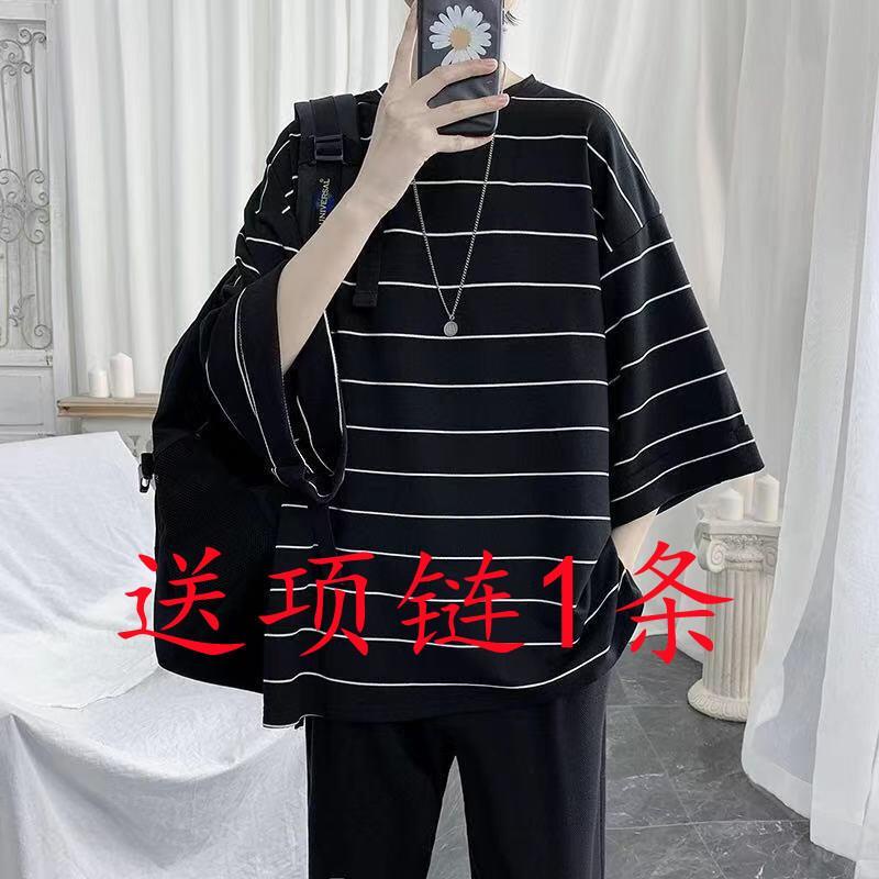 ⊙❡Áo Thun Tay Ngắn Dáng Rộng Họa Tiết Kẻ Sọc Thời Trang Mùa Hè Phong Cách Hồng Kông Mới Cho Nam