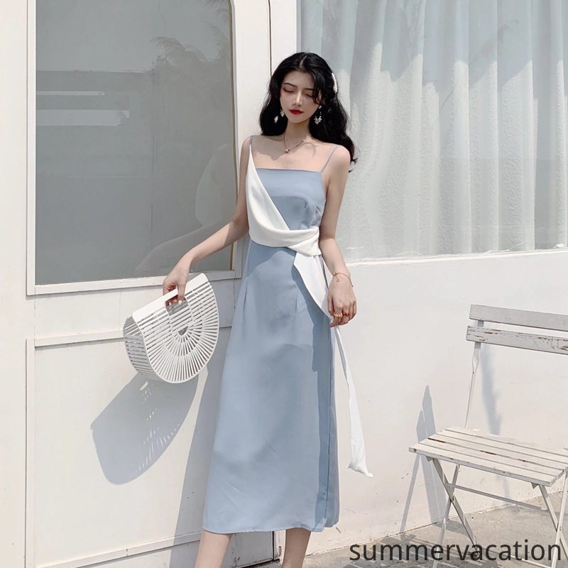 đầm tiểu thư váy kpop váy 2 dây đi biển Retro Midi Long Beach Dress Classic Morandi Blue+Contract Color White Fly Shoulder Strap Korean Fashion OL Style